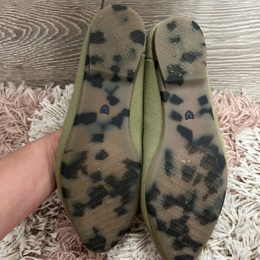 Rothy's Olive Green Pointed Slip-On Flats with Blue Heel Accent - Picture 12 of 13